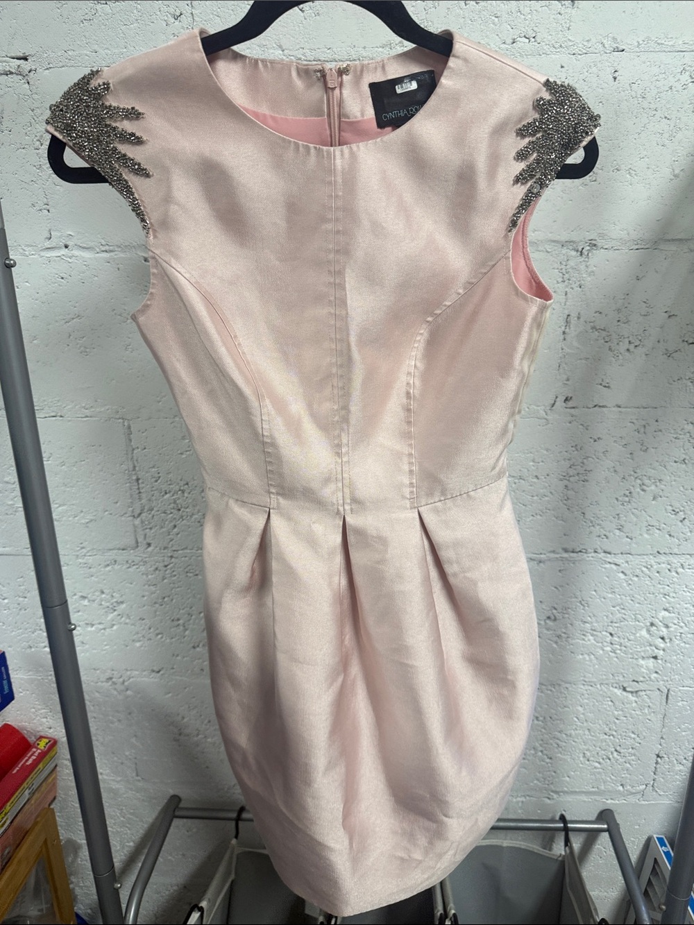CYNTHIA ROWLEY Dress Beaded Shoulders - Light Pink Silk Mini Size 4 LIKE NEW
